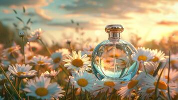 A glass perfume bottle surrounded by blooming daisies at sunset, evoking a serene, floral ambiance photo