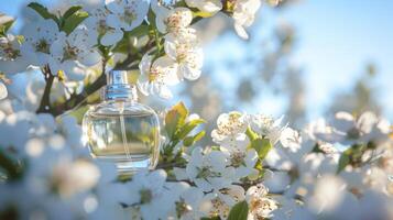 Elegant perfume bottle nestled among blooming white flowers in a serene garden setting photo