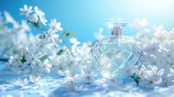Elegant perfume bottle surrounded by delicate white flowers on a soft blue background photo