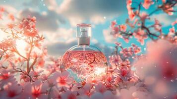 Elegant perfume bottle surrounded by blooming cherry blossoms under a vibrant sky at sunset photo