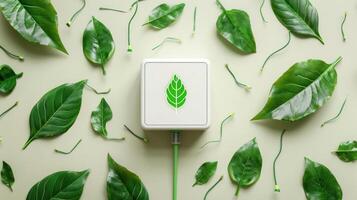 Green leaves surrounding a power adapter with a leaf design, symbolizing eco-friendly technology photo