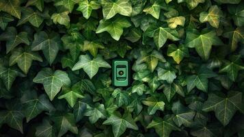 A green switch embedded in lush ivy leaves, symbolizing nature's integration with technology photo