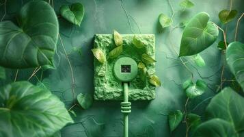 Green charging station surrounded by lush foliage on textured wall, symbolizing eco-friendly energy photo