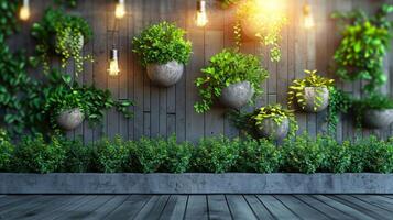 Lush green wall garden with hanging plants and warm lights in a cozy indoor setting photo