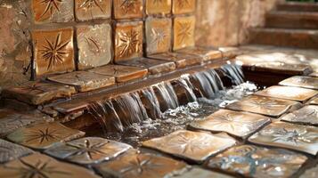 Serene water feature with ornate tiles in a tranquil outdoor setting surrounded by greenery photo