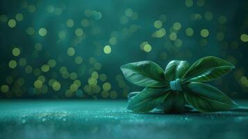 Lush green leaves artfully arranged on a sparkling surface with a dreamy bokeh background photo