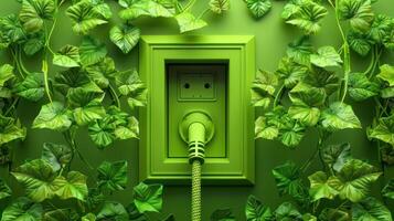 Green wall with an electrical outlet surrounded by lush ivy, symbolizing eco-friendly energy use photo