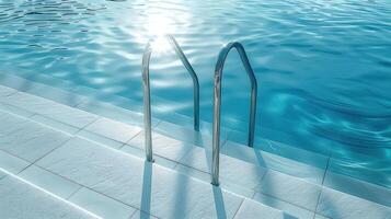 Swimming pool with shiny water and metal ladder, sun reflecting on surface, serene atmosphere photo