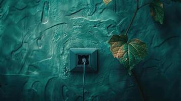 A close-up view of a green wall with a power outlet and ivy leaves, showcasing nature and technology photo