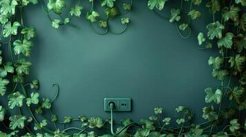 Green wall adorned with ivy vines surrounding a power outlet, creating a serene, natural ambiance photo