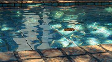 Serene swimming pool with shimmering blue tiles and a lone leaf floating on the surface photo