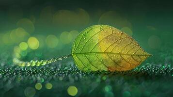 Close-up of a dew-covered leaf resting on a vibrant green surface, with soft bokeh background photo