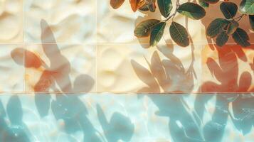 A serene poolside view with colorful tiles and lush foliage casting playful shadows photo