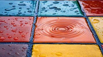 Close-up of colorful tiles with water droplets and ripples, showcasing vibrant patterns and textures photo