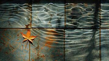 Tranquil autumn scene with a vibrant leaf floating on water, reflecting ripples and textures photo