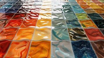 Colorful abstract tiles arranged in a vibrant mosaic pattern, showcasing various textures and hues photo
