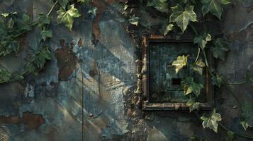 Overgrown wall with ivy and a weathered metal panel illuminated by soft sunlight photo