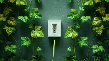 A power outlet surrounded by lush green ivy, symbolizing nature's integration with technology photo
