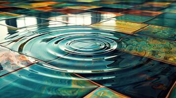 Close-up of colorful tiles reflecting light with ripples on water surface in an indoor setting photo