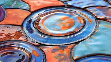 Colorful abstract glass mosaic with circular patterns reflecting light, showcasing artistic design photo