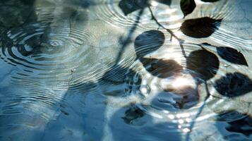 Tranquil water surface reflecting sunlight with ripples and leafy shadows in a serene setting photo