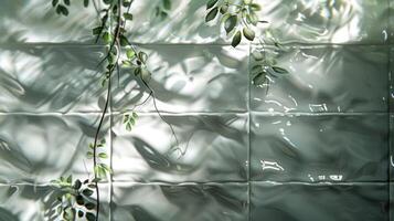 Lush green vines cascading over glossy, textured tiles in a serene indoor environment photo