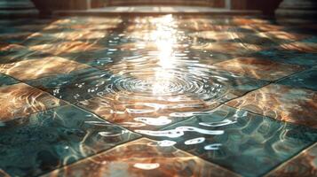 Serene reflection of sunlight on water ripples over ornate tiled floor in tranquil setting photo