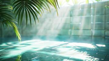 Serene indoor oasis with sunlight filtering through leaves, creating a tranquil atmosphere photo