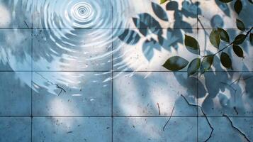 Tranquil Water Ripples on Blue Tiles Surrounded by Leaves and Shadows in a Serene Setting photo