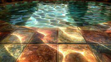Serene poolside view showcasing shimmering water reflections on ornate tile edges photo
