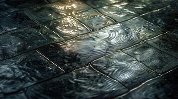 Wet cobblestone pavement reflecting light, creating a serene atmosphere in an urban setting photo