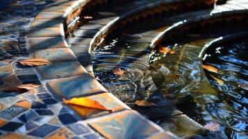 Tranquil water fountain surrounded by colorful tiles and autumn leaves in a serene garden photo