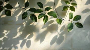 Sunlight filtering through green leaves casting intricate shadows on a textured wall photo
