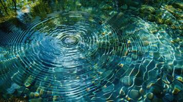 Serene water surface with ripples reflecting sunlight, surrounded by smooth pebbles and greenery photo