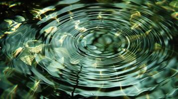 Close-up of rippling water surface reflecting light and surrounding greenery in a serene environment photo