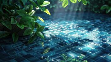 Tranquil indoor pool scene with sunlight filtering through leaves, creating serene reflections photo