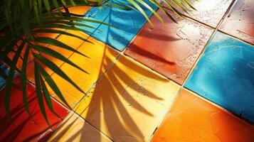 Colorful tiled surface with vibrant patterns and shadows from tropical foliage in sunlight photo