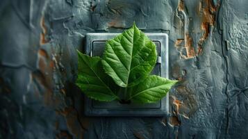 Fresh green leaves emerging from a weathered wall socket, symbolizing nature's resilience photo