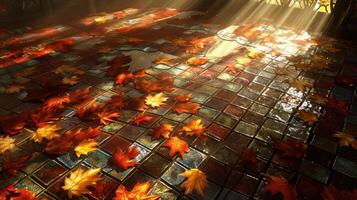 Autumn leaves scattered on a colorful tiled floor with sunlight streaming in through windows photo