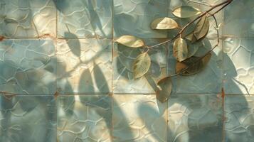 Sunlight casting shadows on textured tiles with green leaves, creating a serene atmosphere photo
