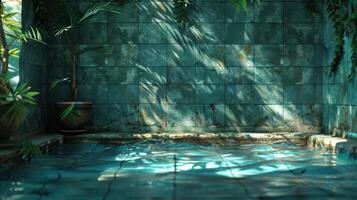 Serene indoor oasis with turquoise tiled walls, sunlight casting shadows, and lush greenery photo