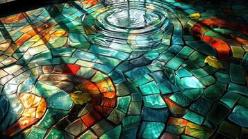 Colorful mosaic tiles reflecting light with ripples in a tranquil water pool, creating a serene atmosphere photo
