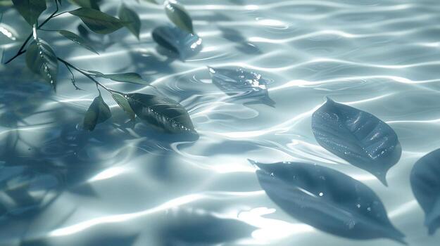 Serene water surface with floating leaves, reflecting light and gentle ripples in a tranquil setting photo