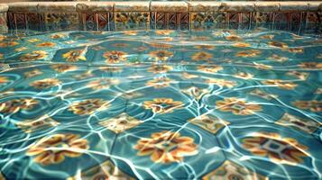 Vibrant tiled pool with intricate floral patterns reflecting in water under sunlight photo