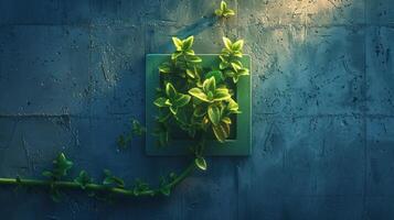 Lush green plant emerging from a square planter against a textured blue wall, creating a serene atmosphere photo