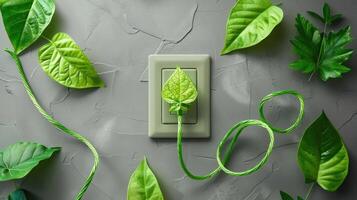 Green leaves intertwining with a power outlet, symbolizing eco-friendly energy solutions photo