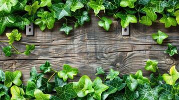 Lush green ivy cascading over rustic wooden planks, creating a natural backdrop for decor photo