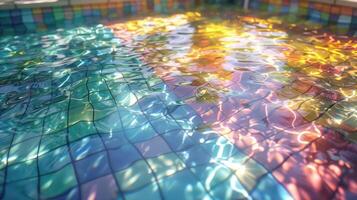 Colorful reflections on a tiled pool surface, showcasing vibrant light patterns and serene water photo