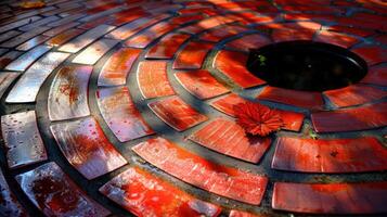 Circular pattern of red bricks with a single leaf near a central drain in a tranquil setting photo