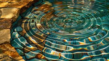 Serene pool water rippling gently around stone edges under warm sunlight, evoking tranquility photo